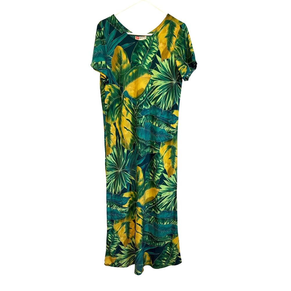 VTG Hilo Hattie Green Tropical Maxi Dress Short Sleeve Large Hawaiian Resort